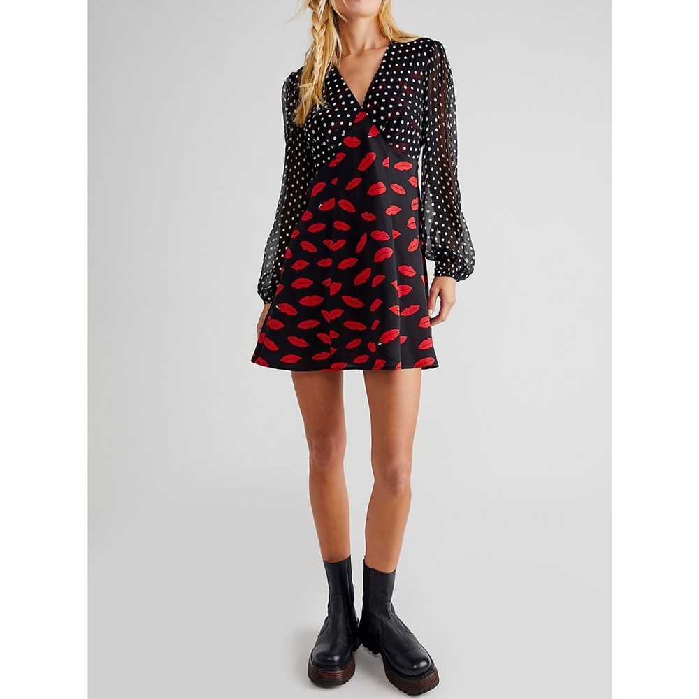 Free People X Rixo Lia Lips Kiss Polka Dots Retro Printed Mini Dress XS